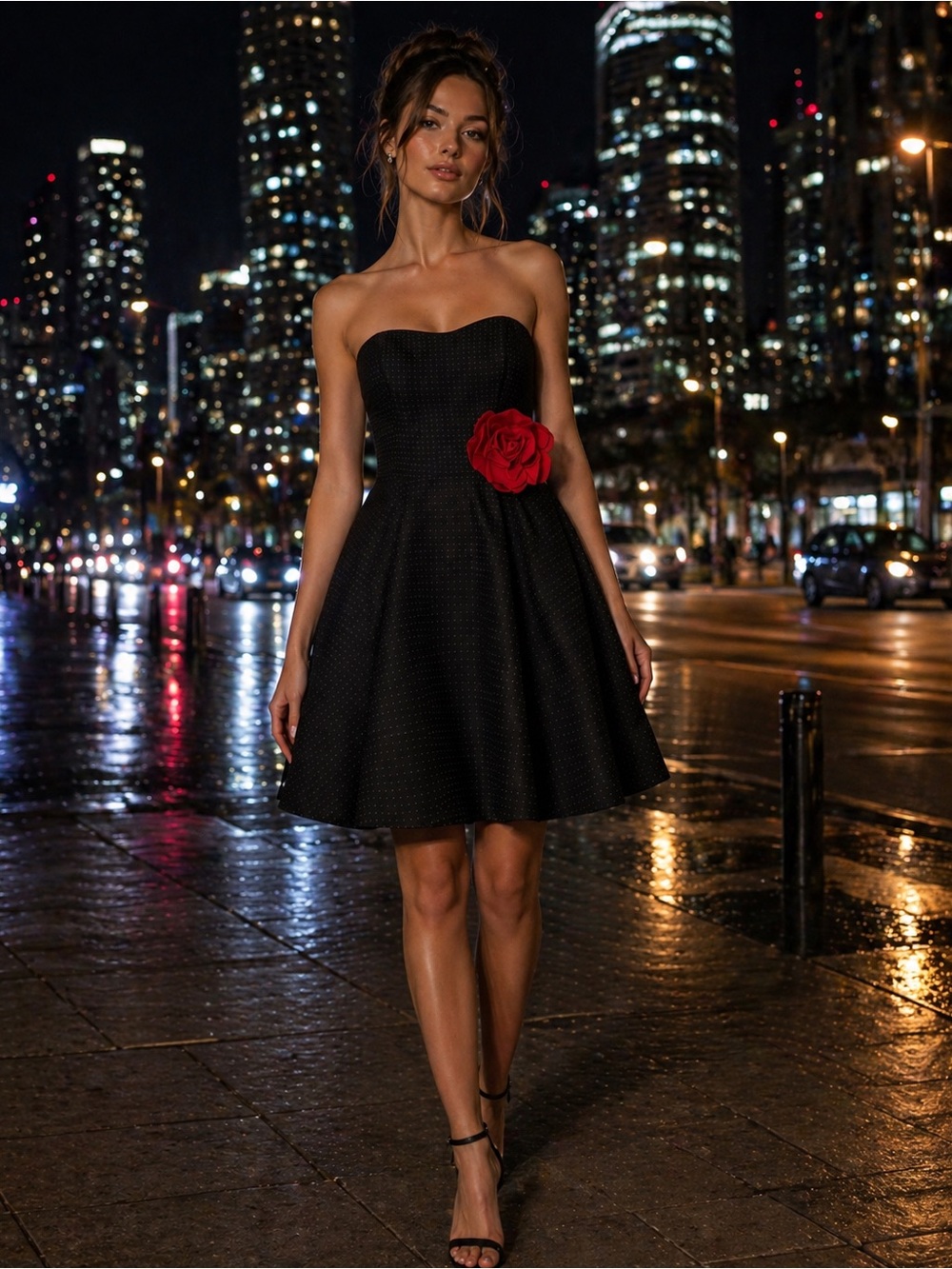 Strapless Black A-Line Dress with Red Rose Accent